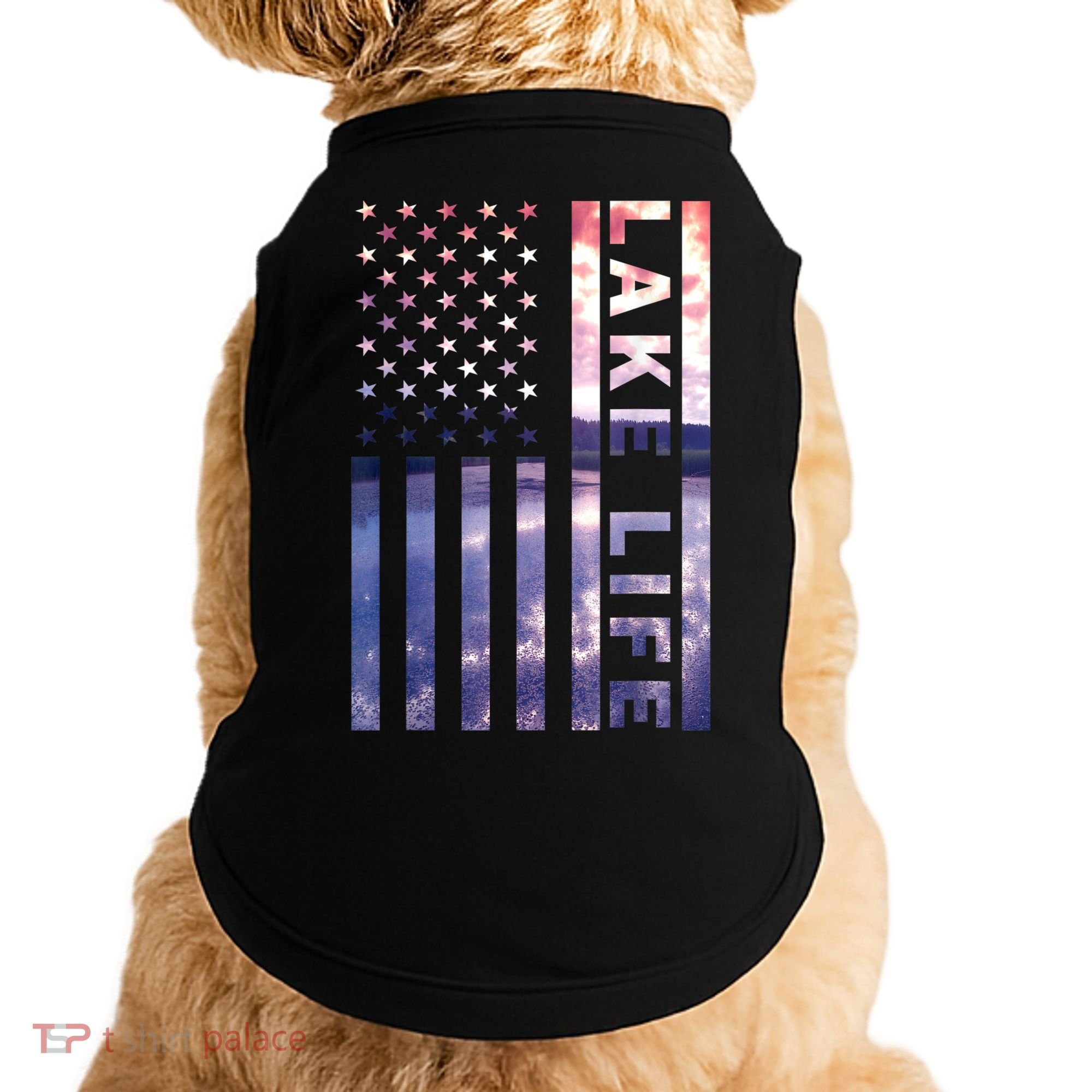 Lake Life American Flag Dock Sunset Wakeboarder Power Boat Doggie Tank