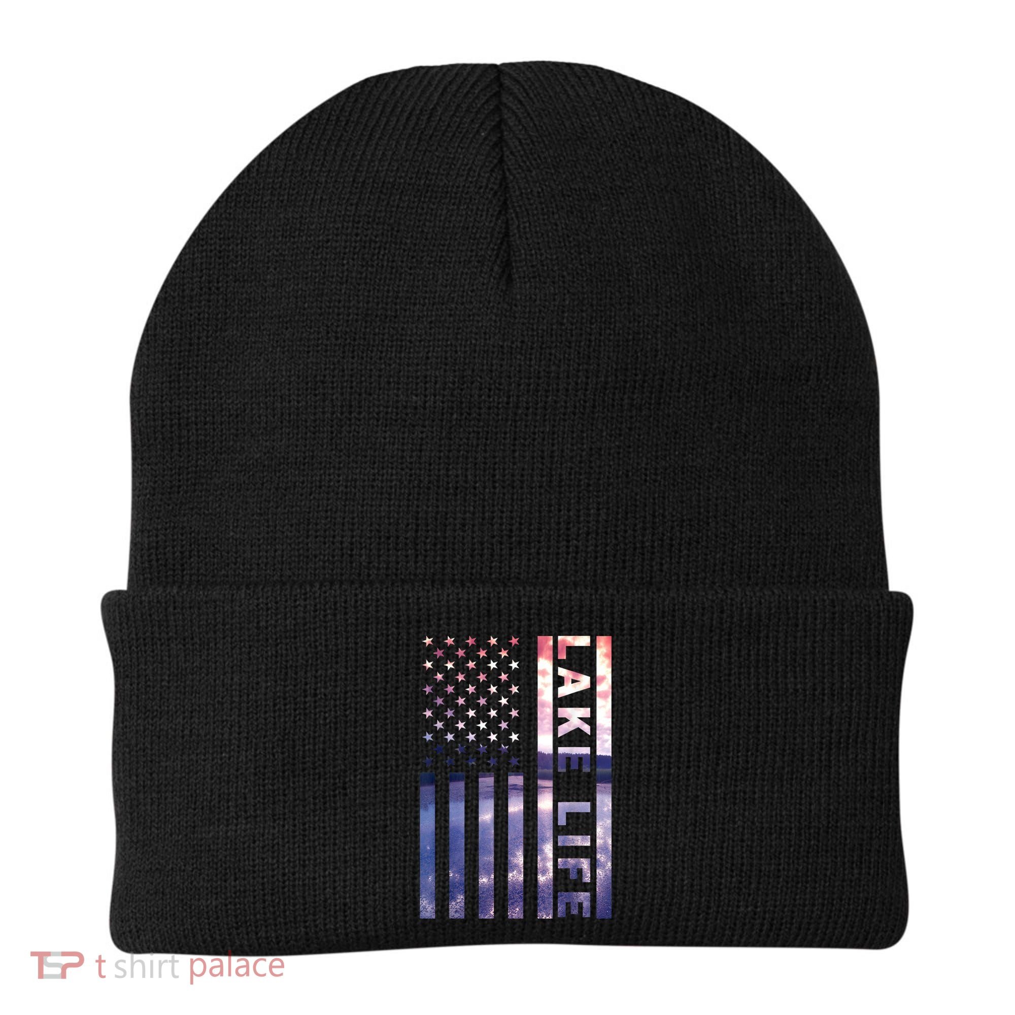 Lake Life American Flag Dock Sunset Wakeboarder Power Boat Beanie