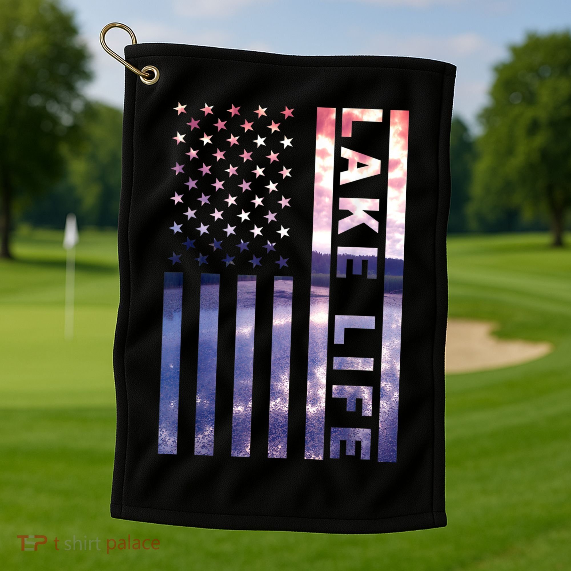 Lake Life American Flag Dock Sunset Wakeboarder Power Boat Golf Towel