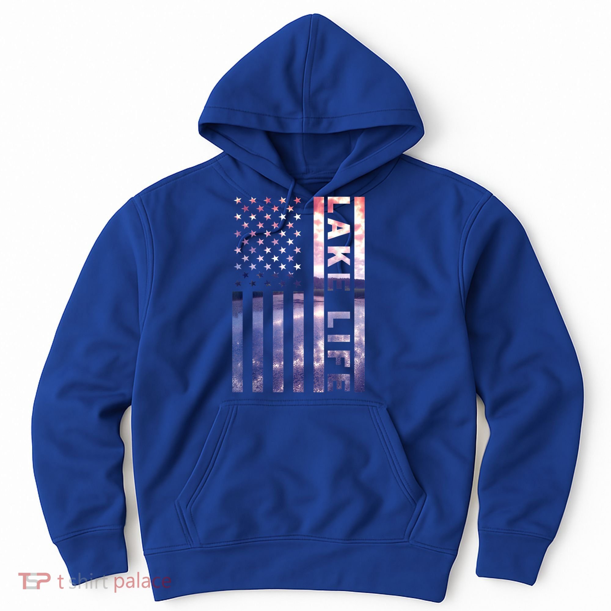 Lake Life American Flag Dock Sunset Wakeboarder Power Boat Hoodie