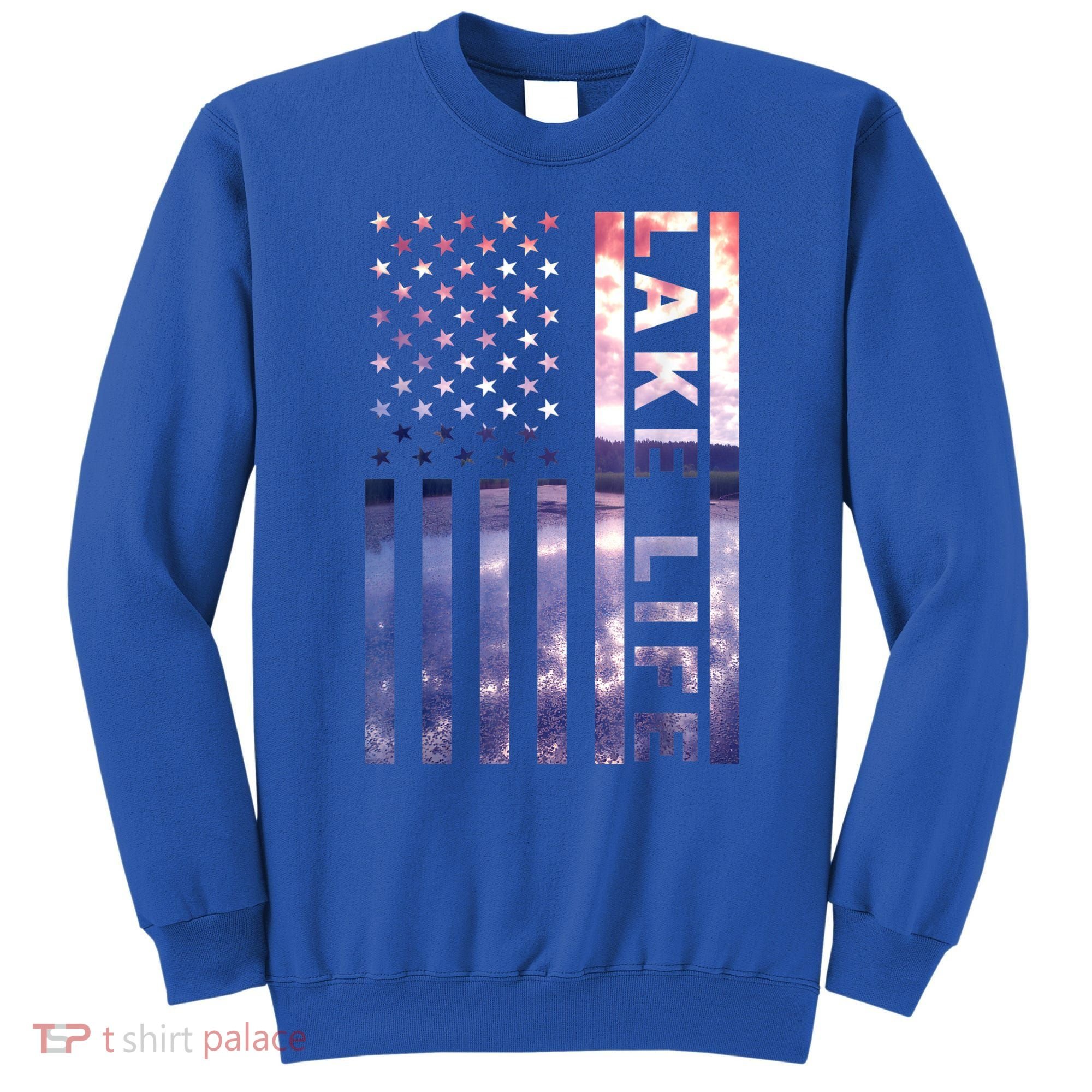 Lake Life American Flag Dock Sunset Wakeboarder Power Boat Sweatshirt