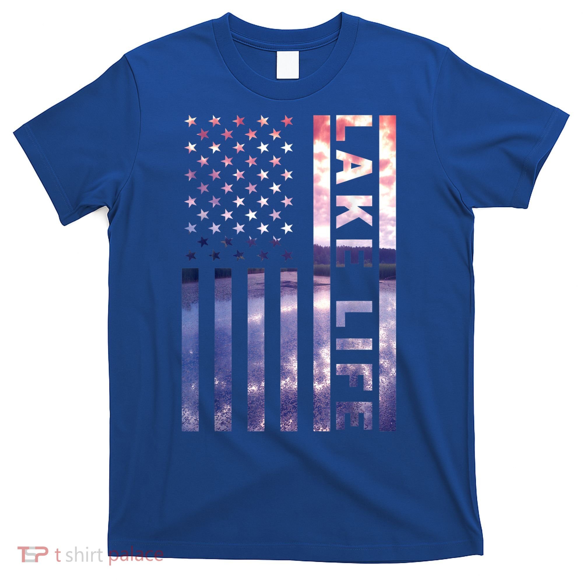 Lake Life American Flag Dock Sunset Wakeboarder Power Boat T-Shirt