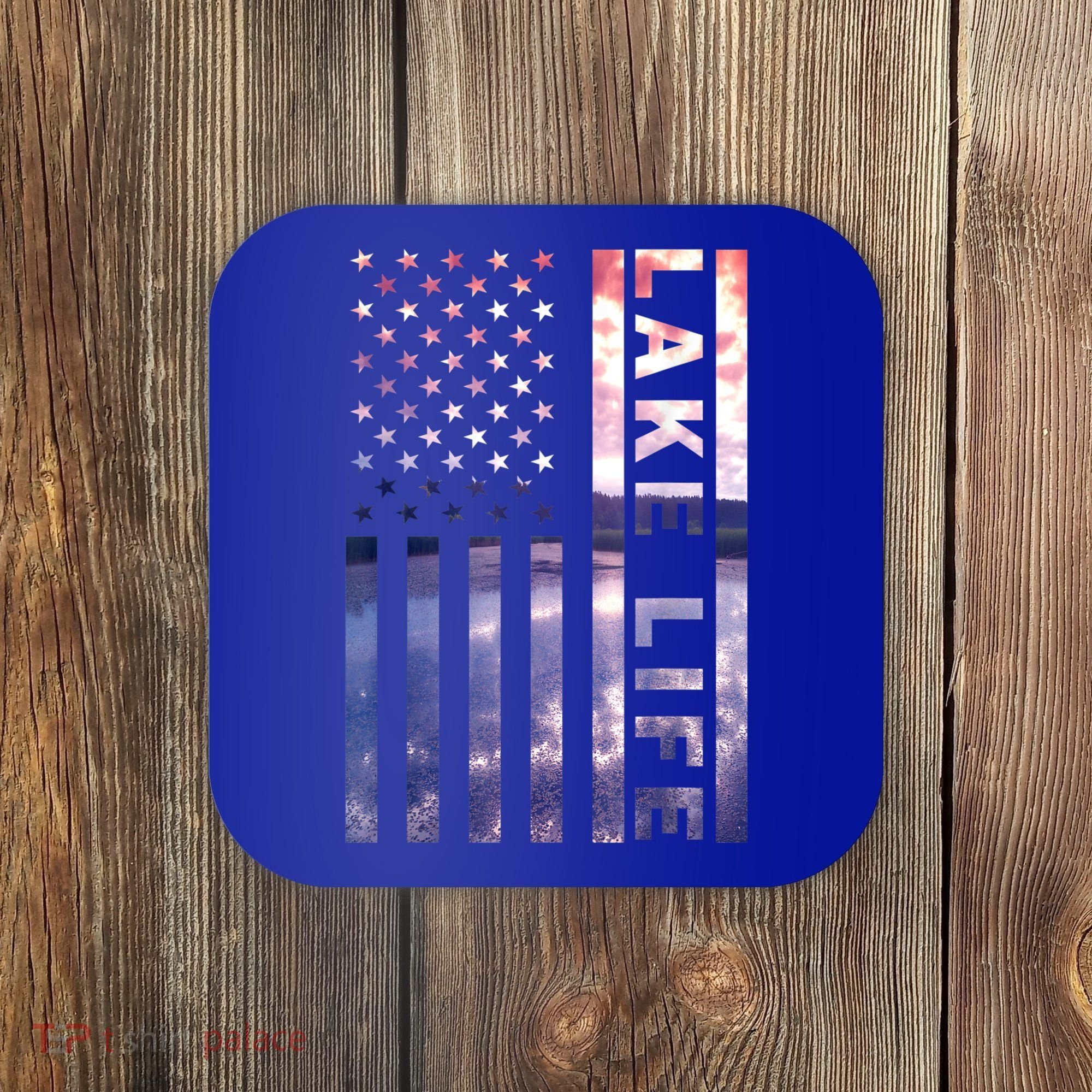 Lake Life American Flag Dock Sunset Wakeboarder Power Boat Coaster