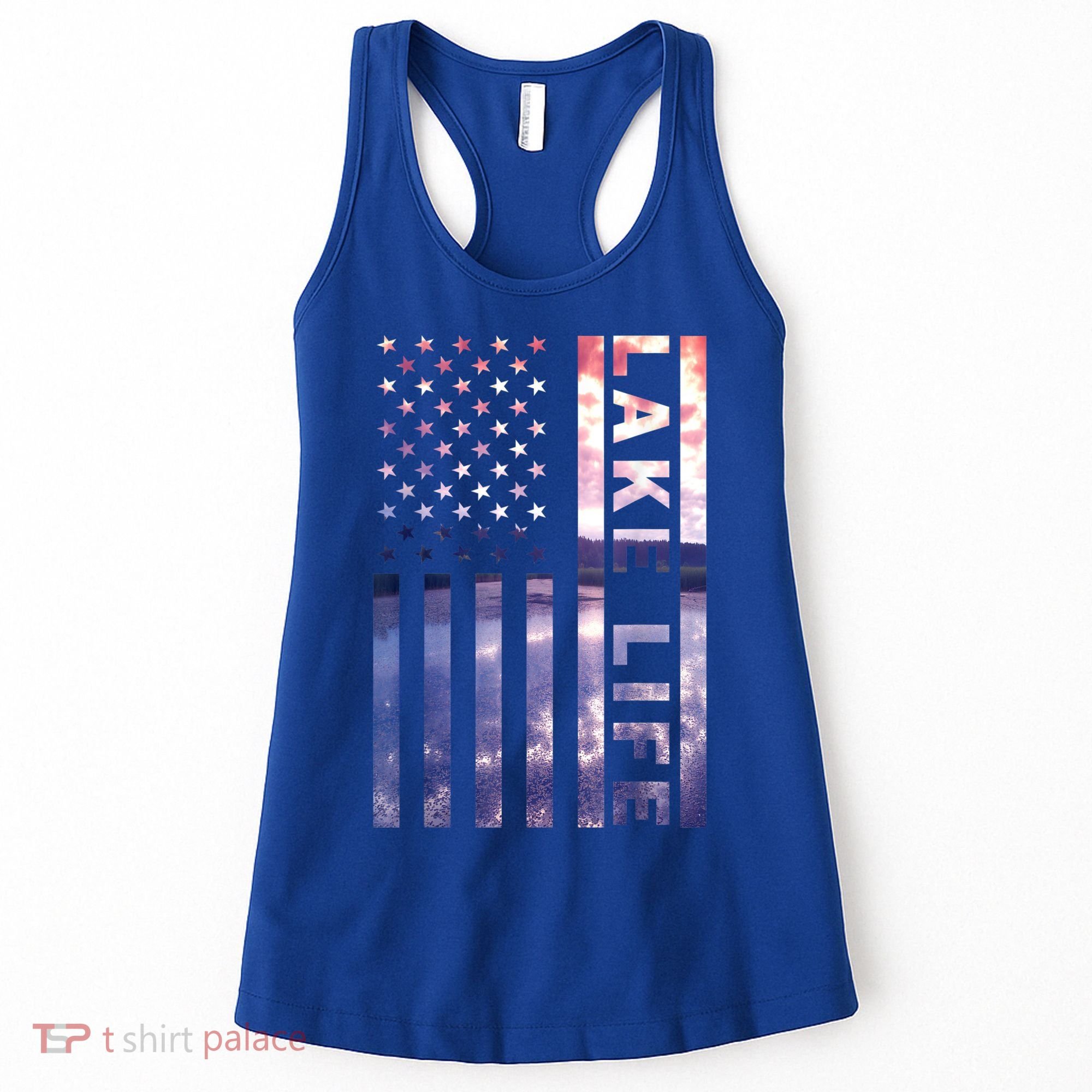 Lake Life American Flag Dock Sunset Wakeboarder Power Boat Women's Tank Top