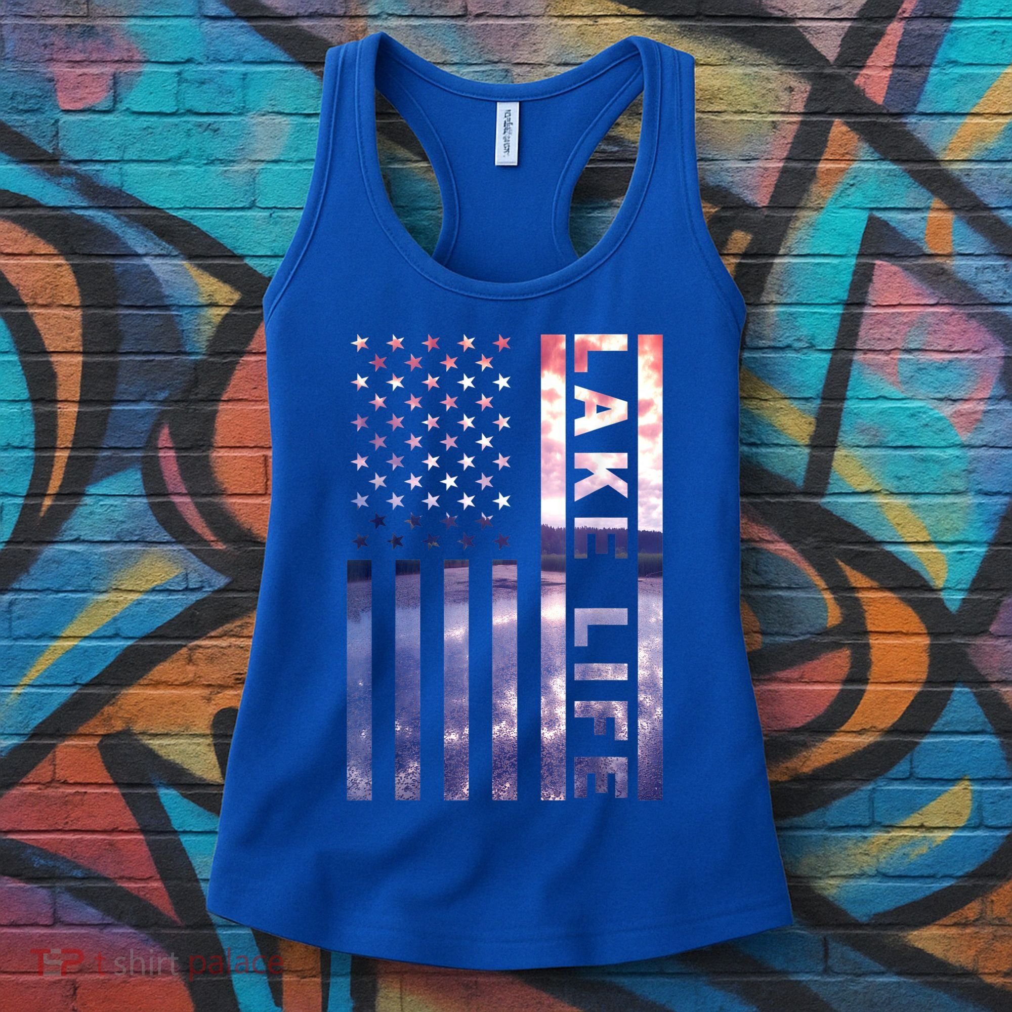 Lake Life American Flag Dock Sunset Wakeboarder Power Boat Women's Tank Top