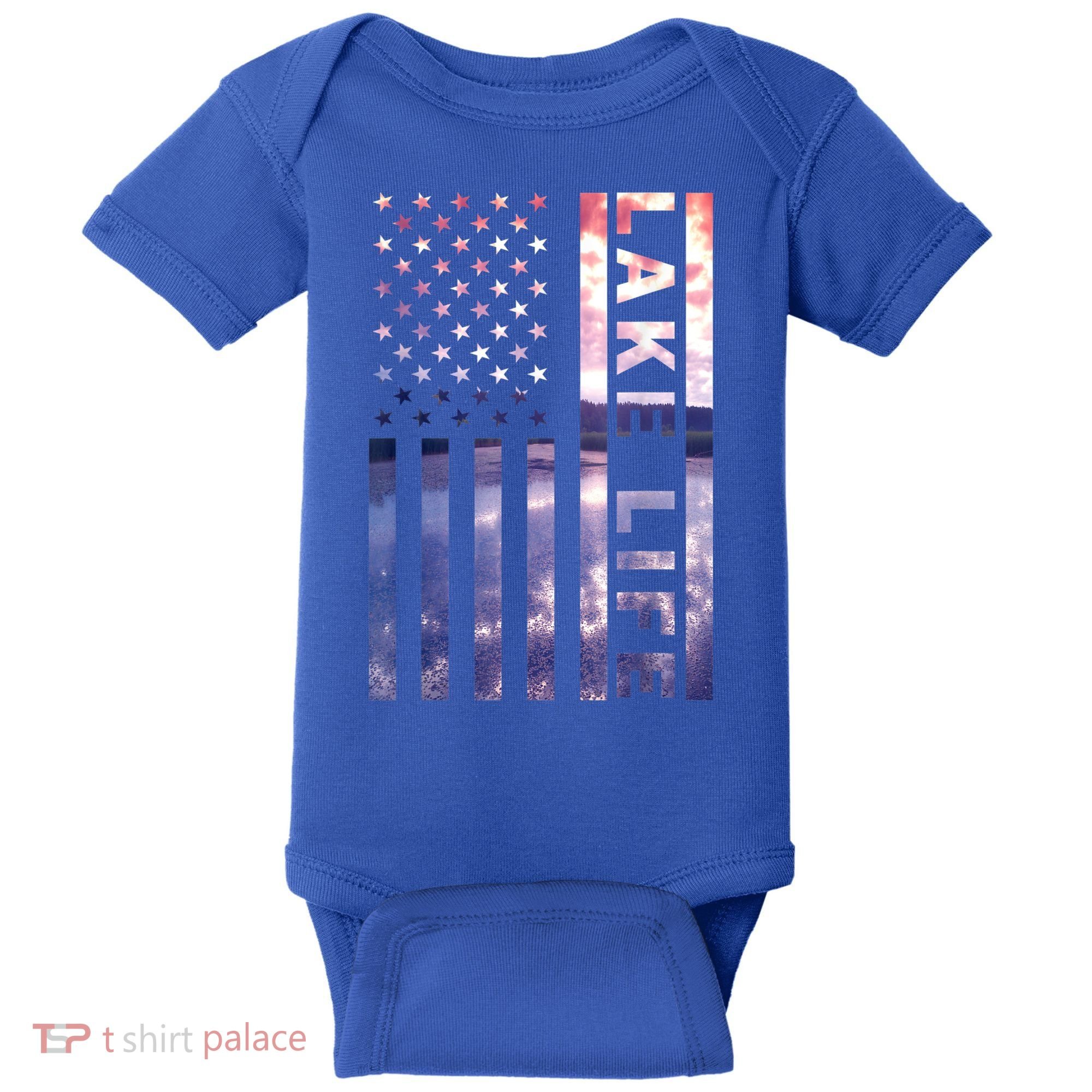 Lake Life American Flag Dock Sunset Wakeboarder Power Boat Baby Bodysuit