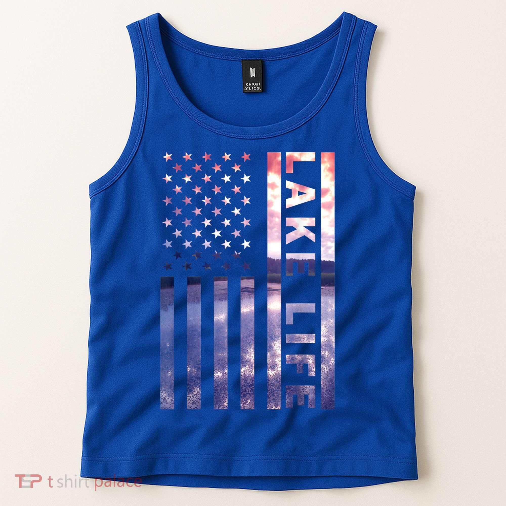 Lake Life American Flag Dock Sunset Wakeboarder Power Boat Tank Top