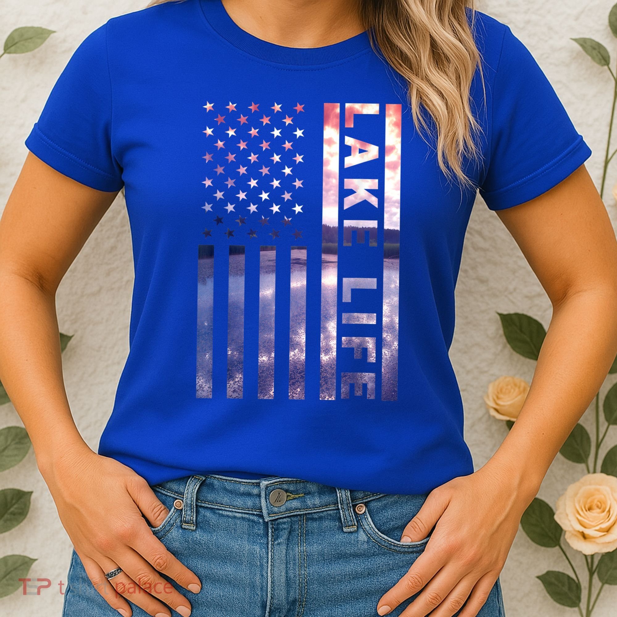 Lake Life American Flag Dock Sunset Wakeboarder Power Boat Women's T-Shirt