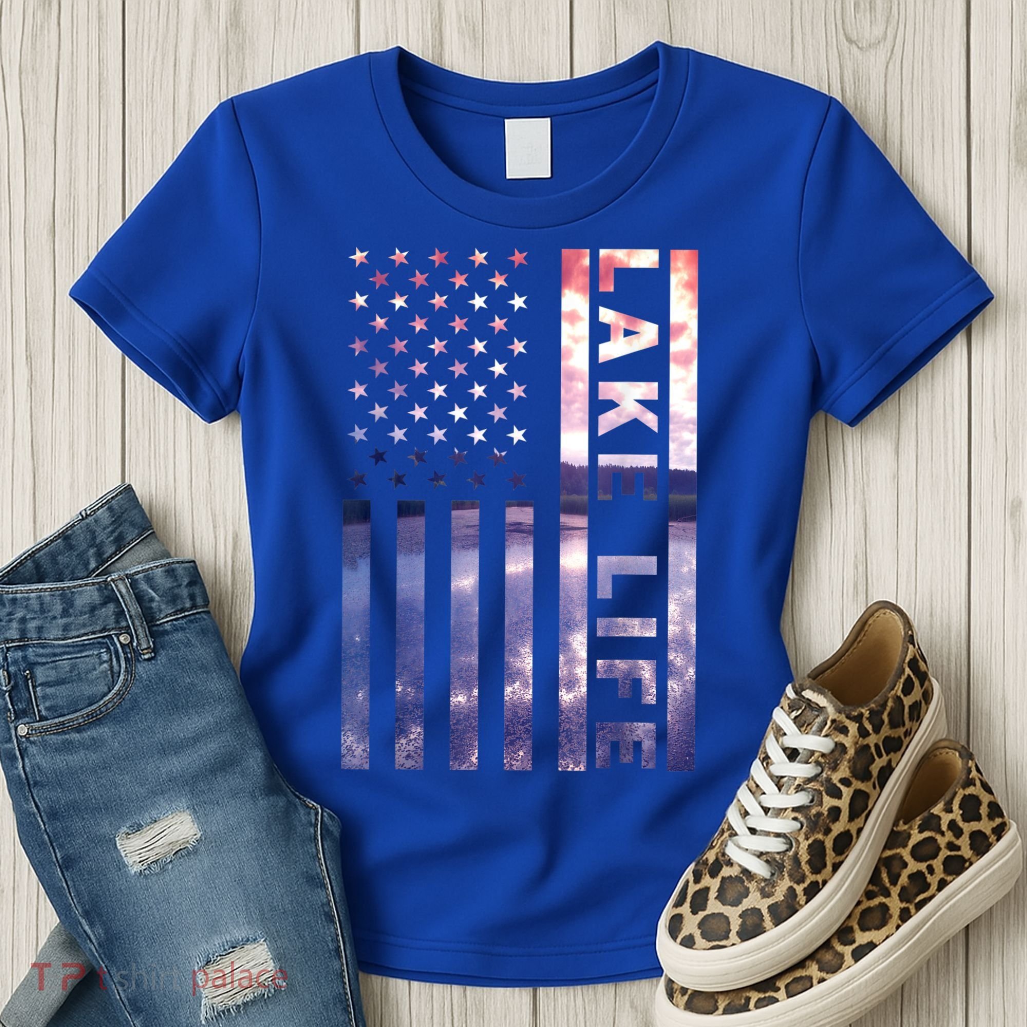 Lake Life American Flag Dock Sunset Wakeboarder Power Boat Women's T-Shirt