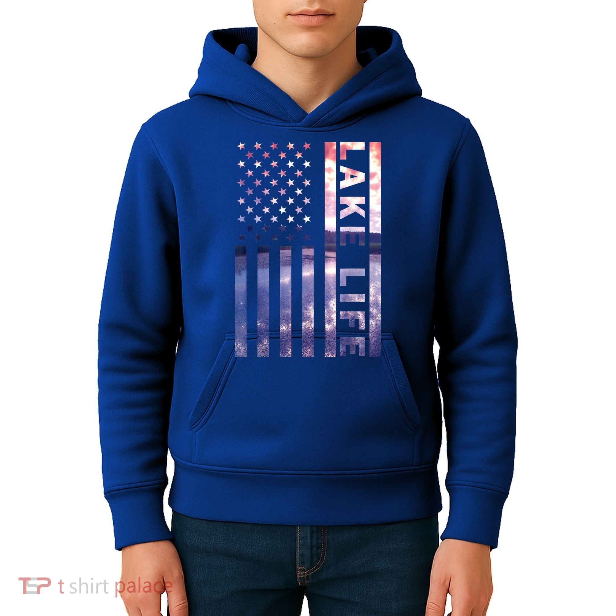 Lake Life American Flag Dock Sunset Wakeboarder Power Boat Kids Hoodie