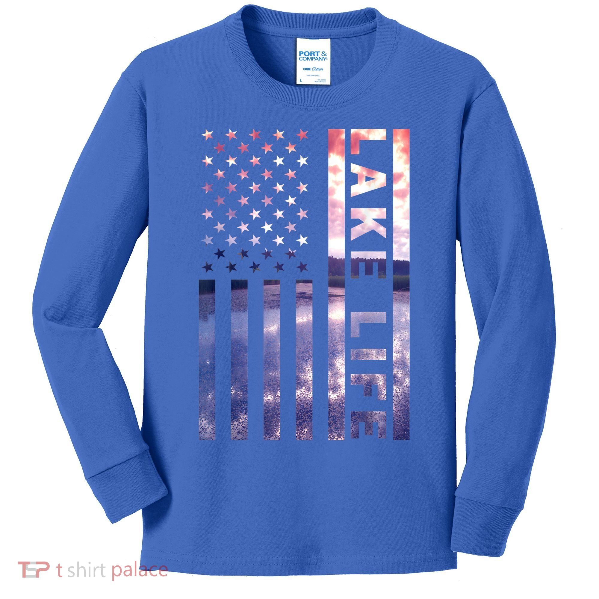 Lake Life American Flag Dock Sunset Wakeboarder Power Boat Kids Long Sleeve Shirt
