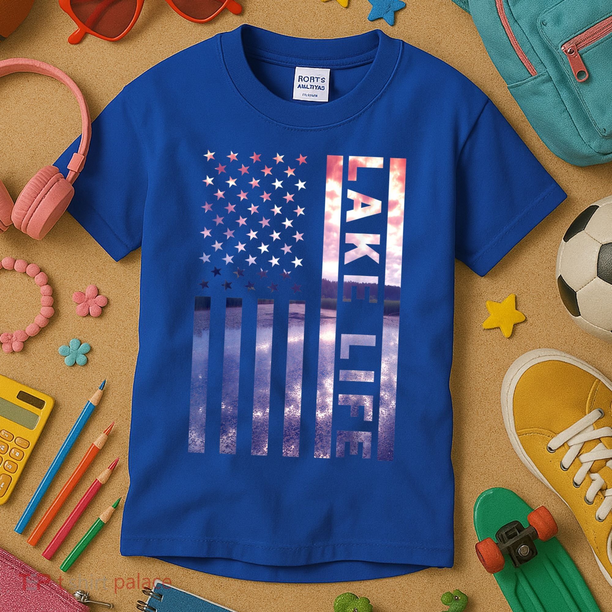 Lake Life American Flag Dock Sunset Wakeboarder Power Boat Kids T-Shirt