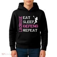 Lacrosse Lax Gear Gifts Eat Sleep Defend Kids Hoodie thumb 4