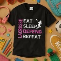 Lacrosse Lax Gear Gifts Eat Sleep Defend Kids T-Shirt thumb 3