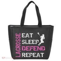 Lacrosse Lax Gear Gifts Eat Sleep Defend Tote Bag thumb 0
