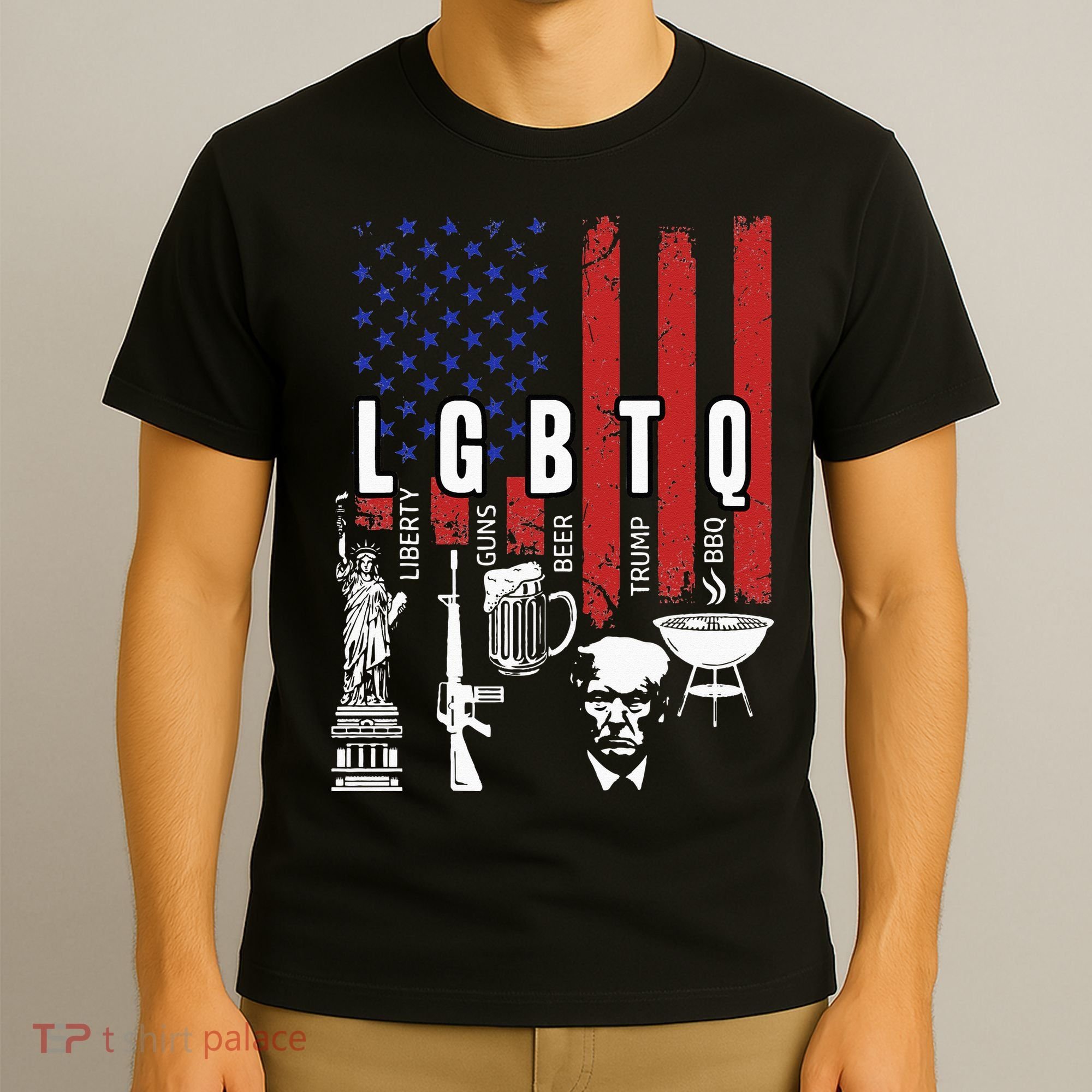 LGBTQ Liberty Guns Bible Trump BBQ USA Flag Vintage T-Shirt