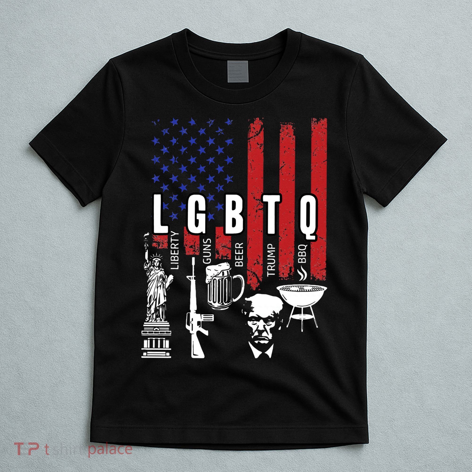 LGBTQ Liberty Guns Bible Trump BBQ USA Flag Vintage T-Shirt