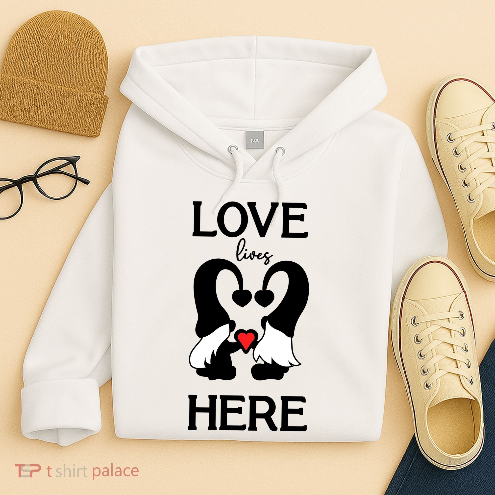 Love Lives Here Happy Valentines Gnome Heart Hoodie
