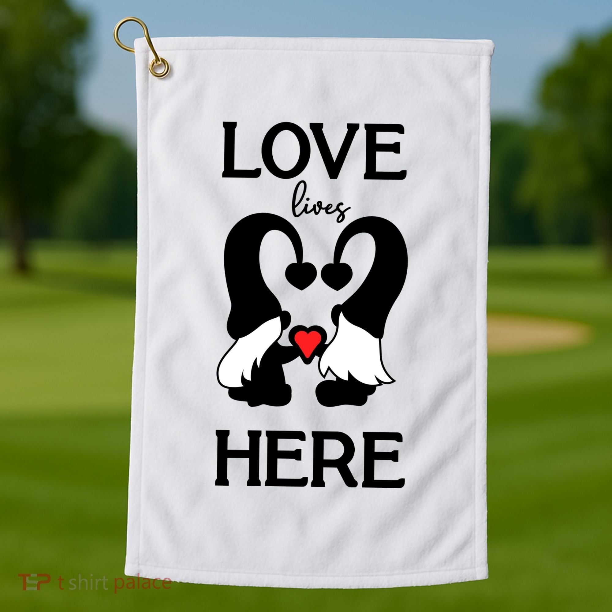 Love Lives Here Happy Valentines Gnome Heart Golf Towel