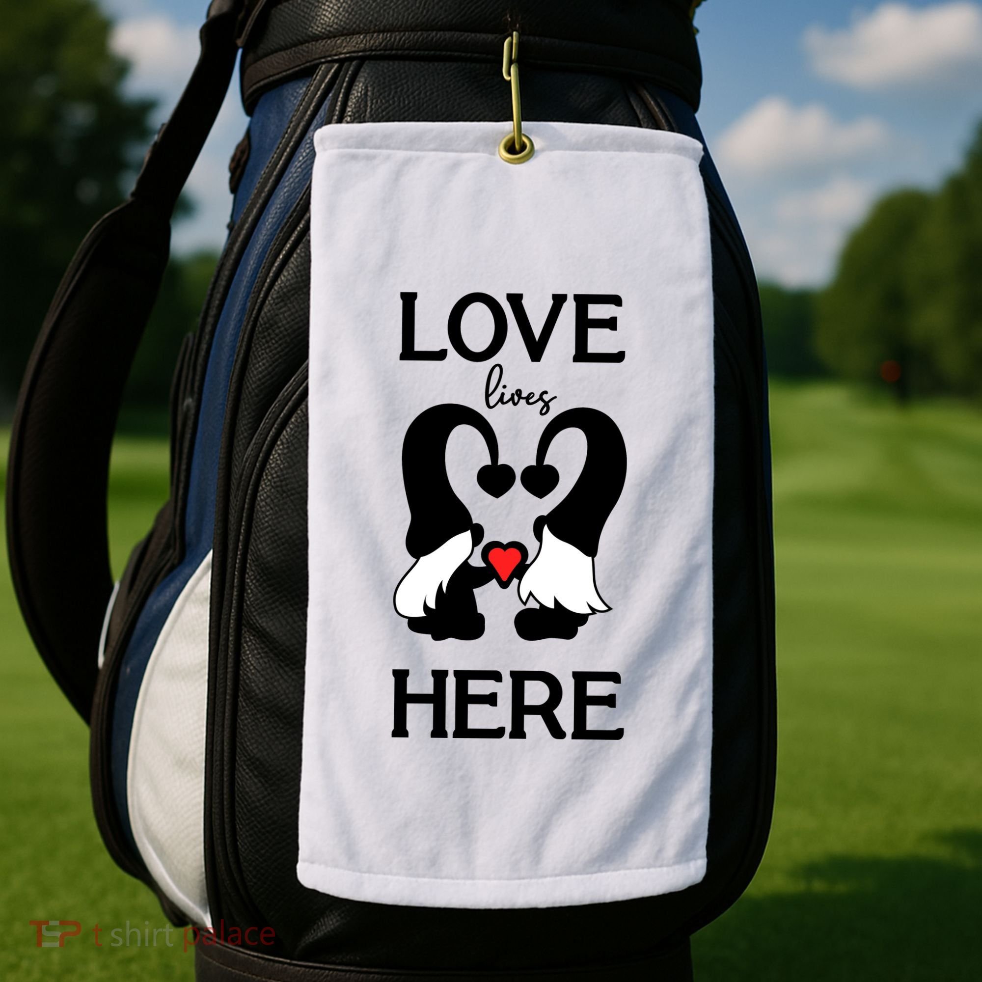 Love Lives Here Happy Valentines Gnome Heart Golf Towel