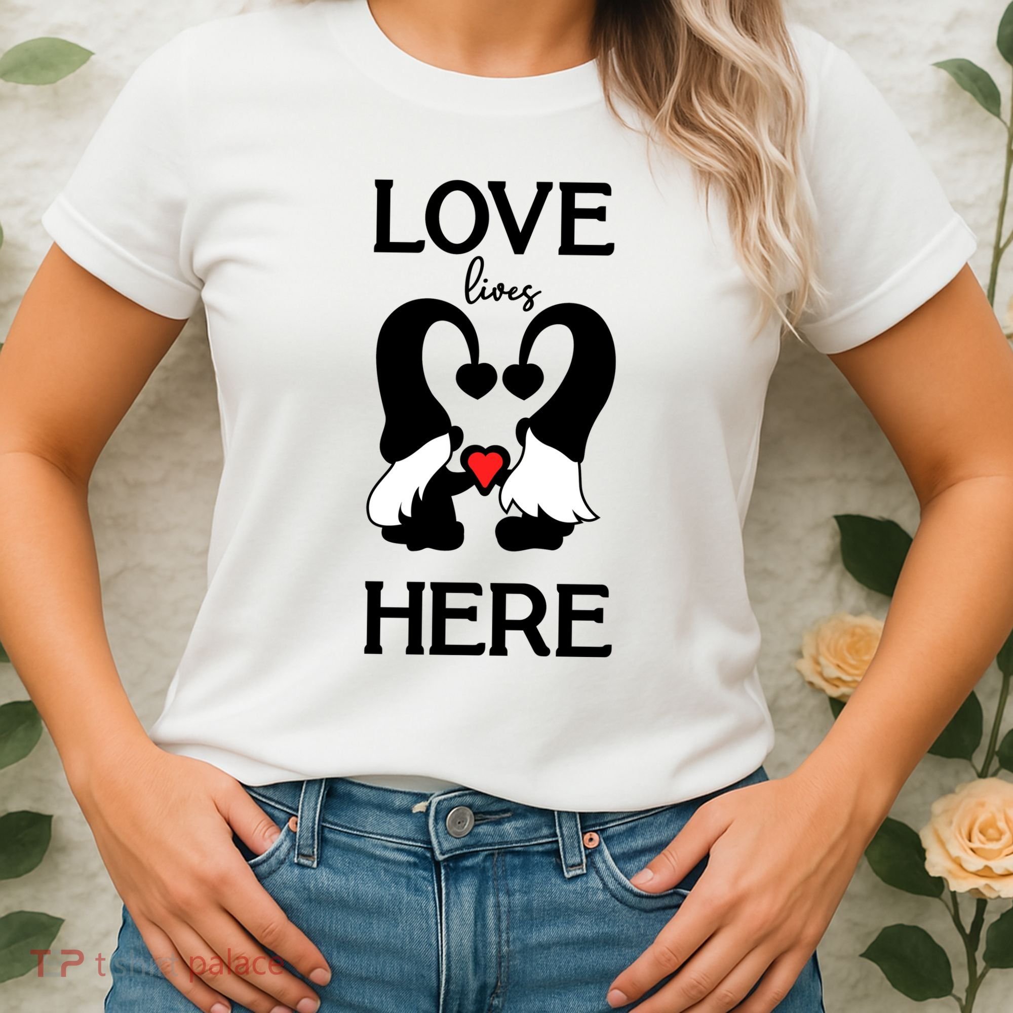 Love Lives Here Happy Valentines Gnome Heart Women's T-Shirt