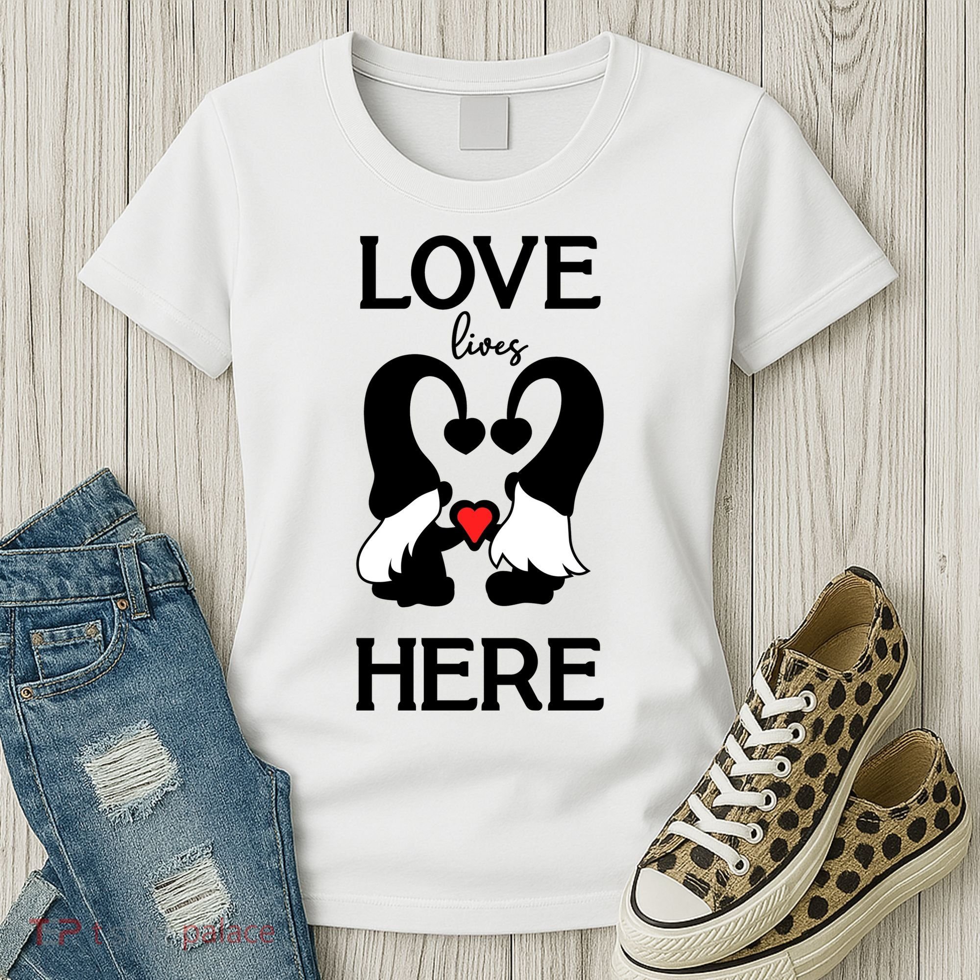 Love Lives Here Happy Valentines Gnome Heart Women's T-Shirt