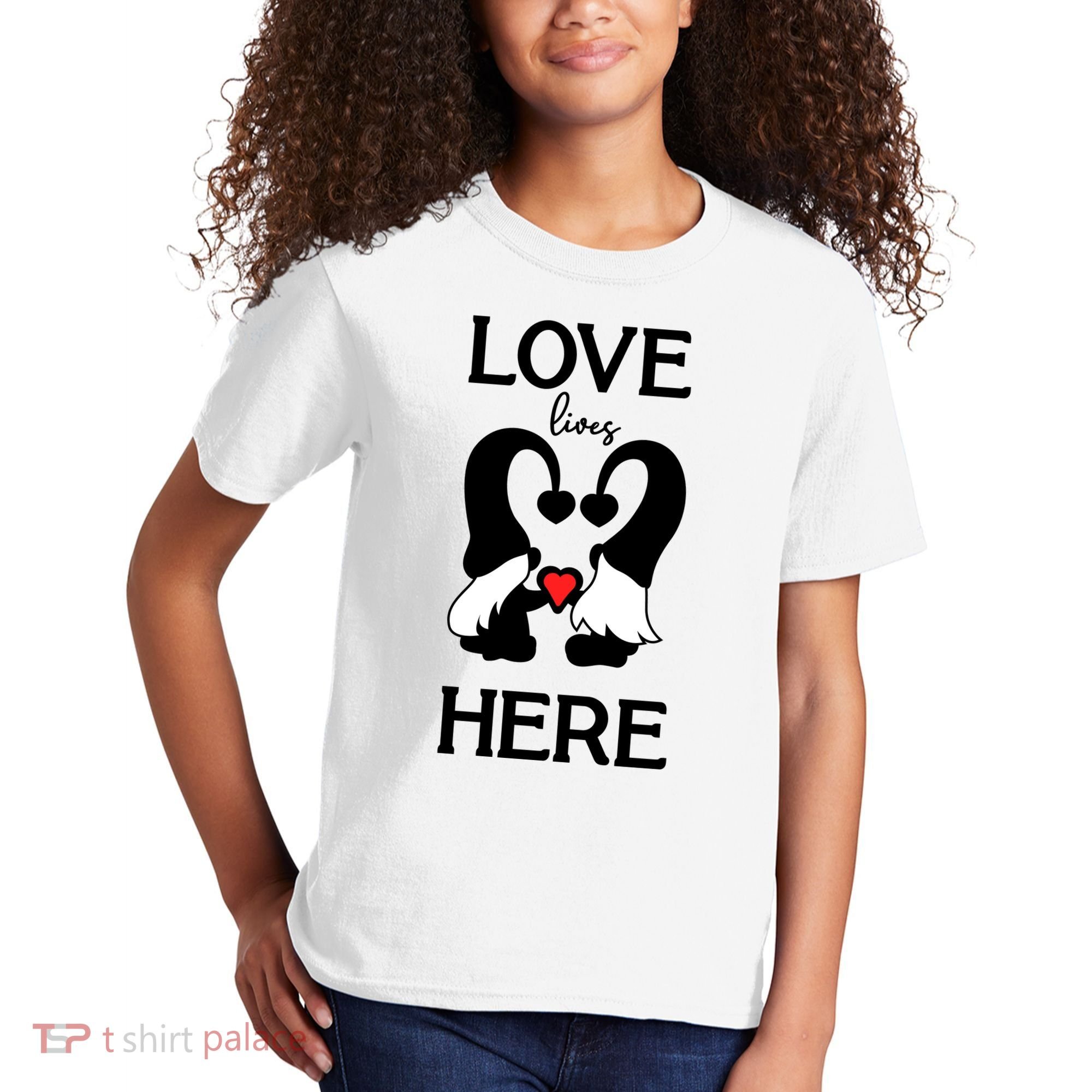 Love Lives Here Happy Valentines Gnome Heart Kids T-Shirt