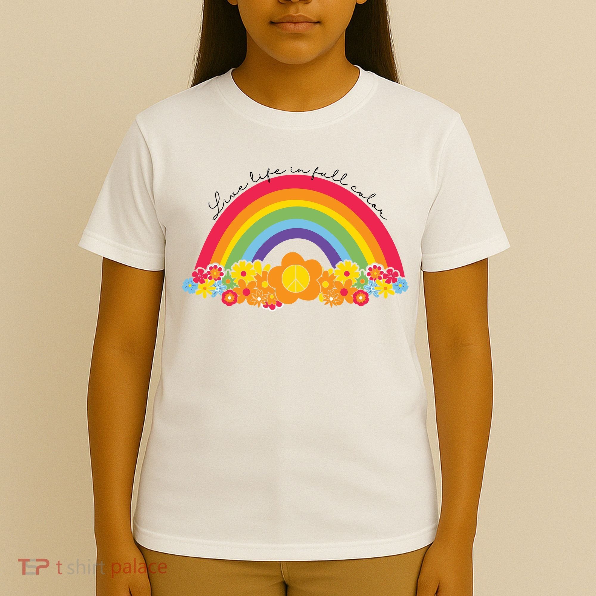 Live Life In Full Color Rainbow Peace Floral T-Shirt