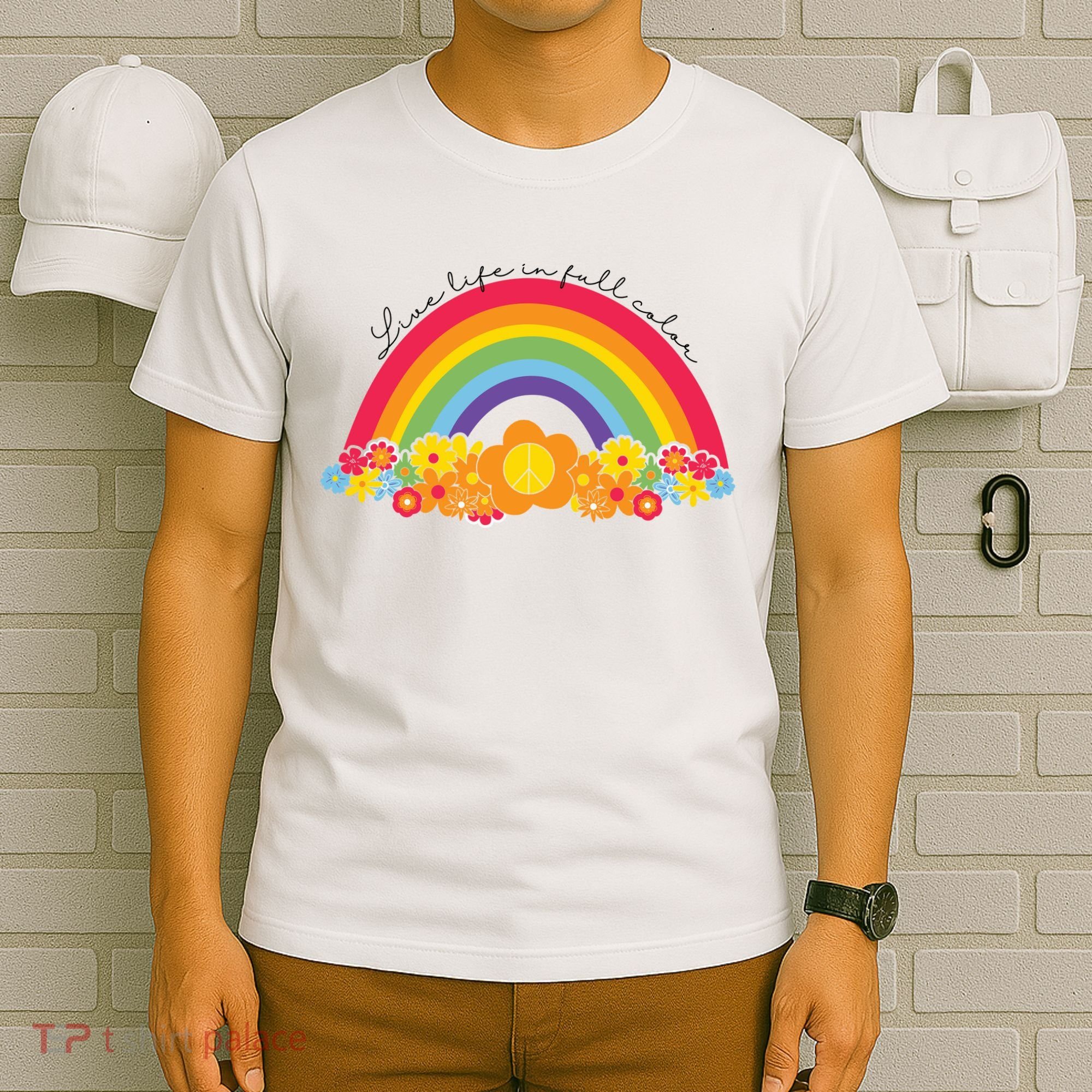 Live Life In Full Color Rainbow Peace Floral T-Shirt