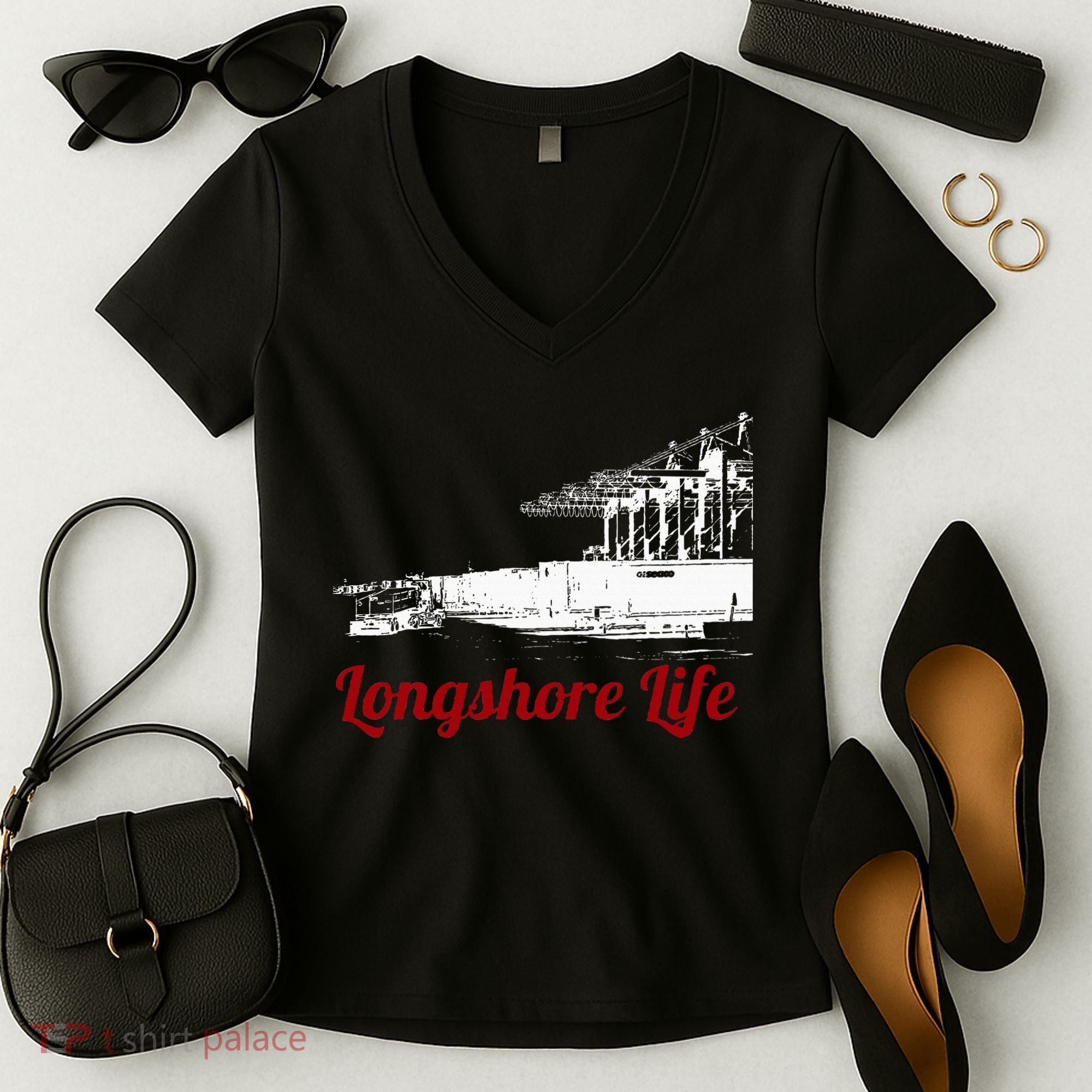 Longshore Life Ilwu Cranes Containers Utr Women's V-Neck T-Shirt