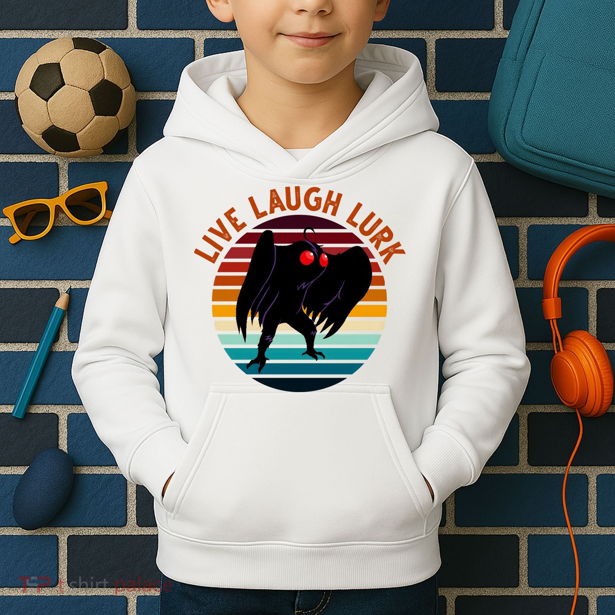 Live Laugh Lurk Mothman Retro Sunset Kids Hoodie