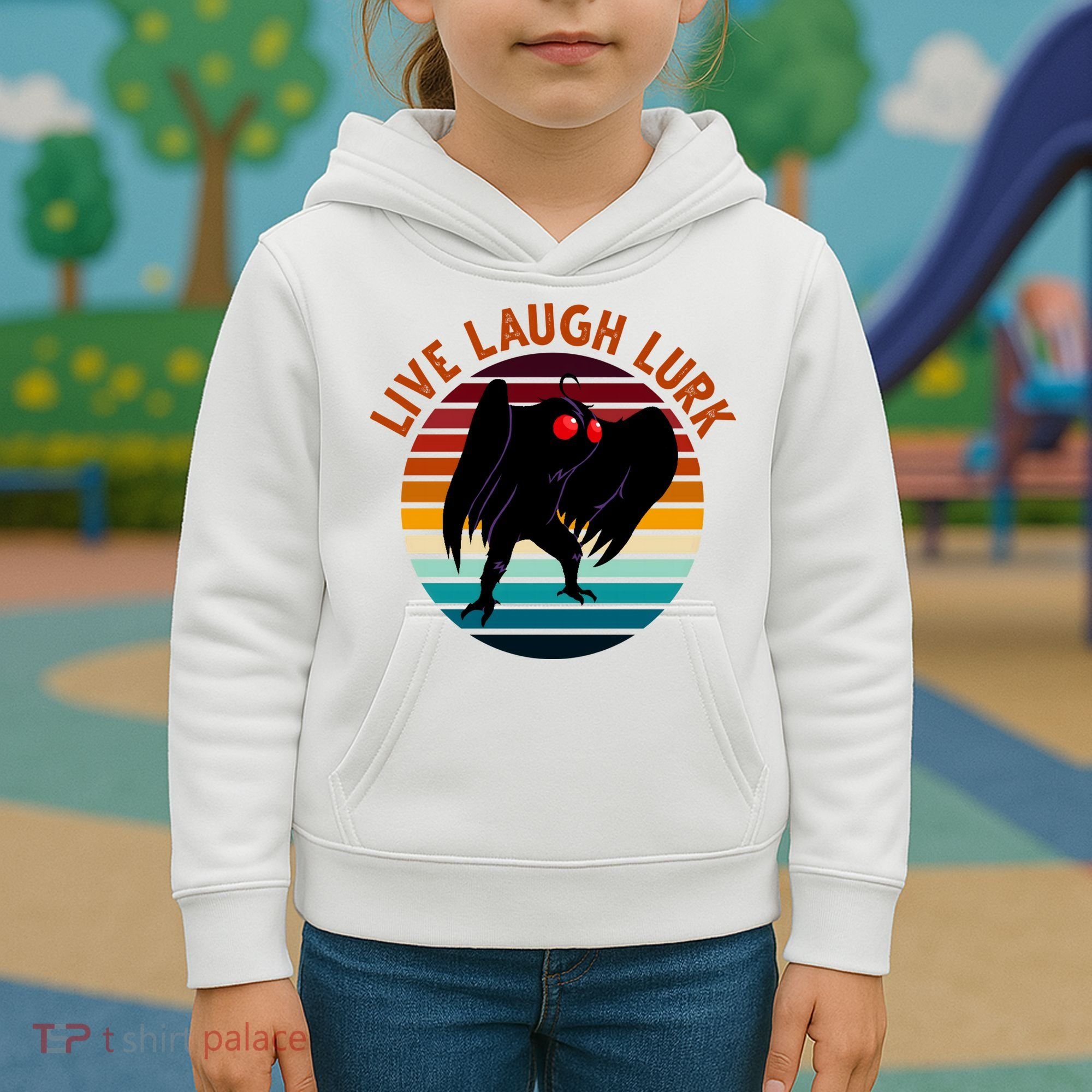 Live Laugh Lurk Mothman Retro Sunset Kids Hoodie