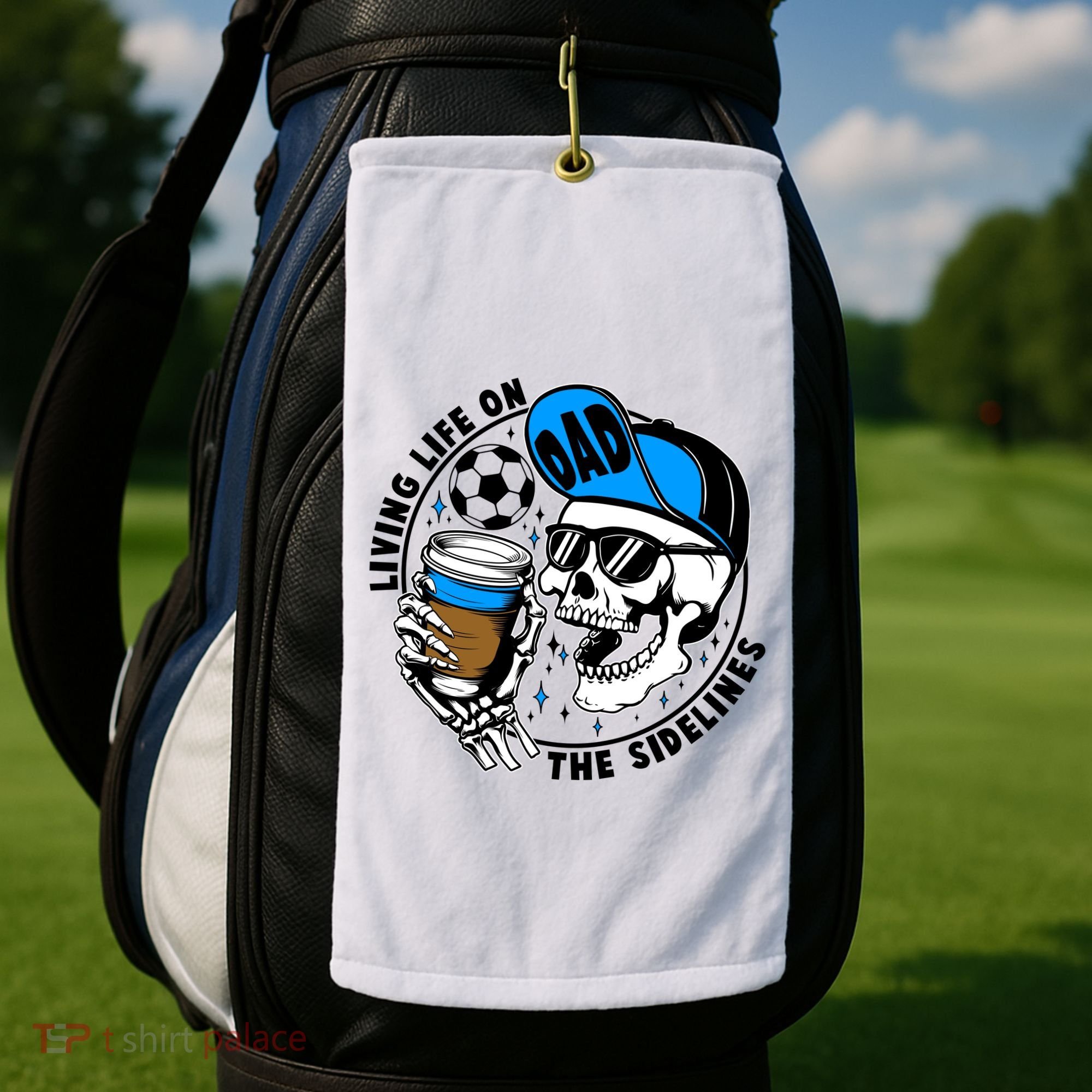 Living Life On The Sidelines Soccer Dad Coffee Skeleton Golf Towel