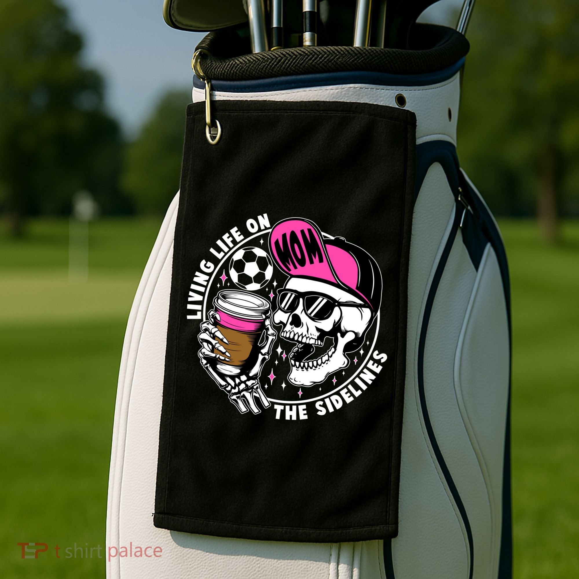 Living Life On The Sidelines Soccer Mom Coffee Skeleton Golf Towel