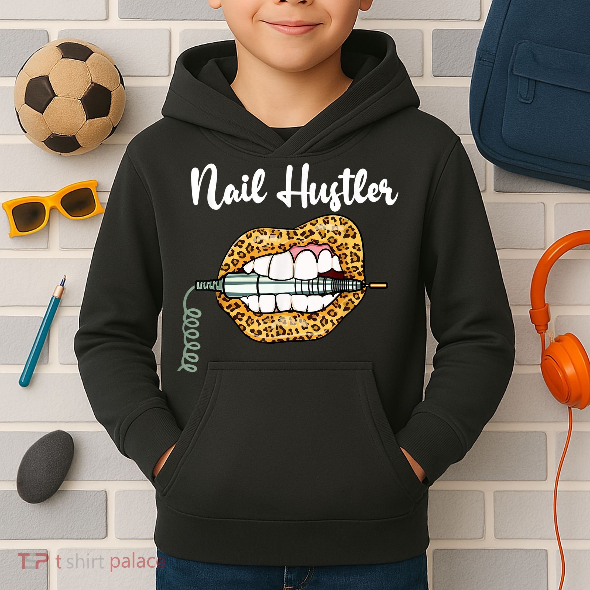 Leopard Lips With Nail Technician Drill Cool Nail Hustler Kids Hoodie