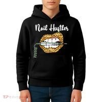 Leopard Lips With Nail Technician Drill Cool Nail Hustler Kids Hoodie thumb 4