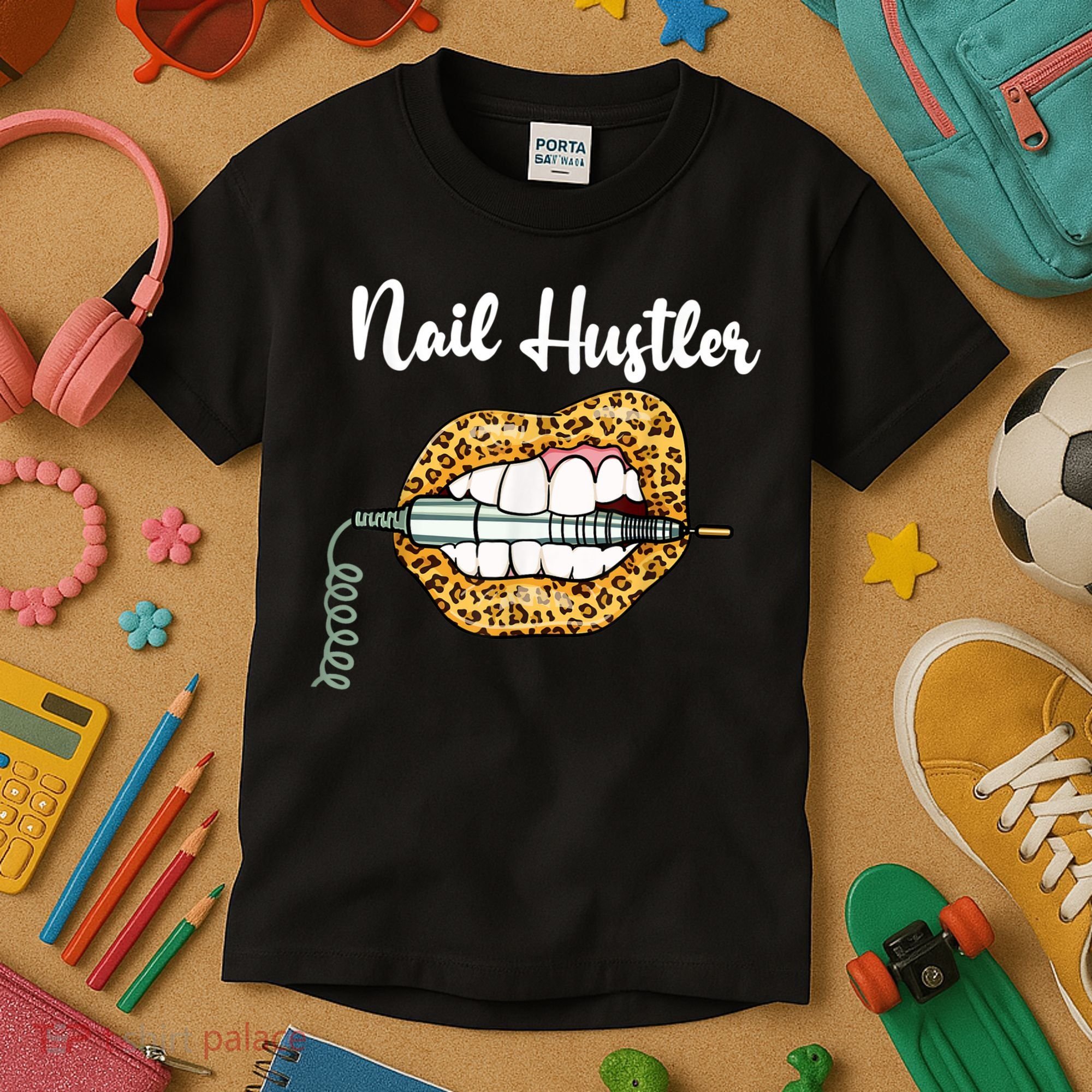 Leopard Lips With Nail Technician Drill Cool Nail Hustler Kids T-Shirt