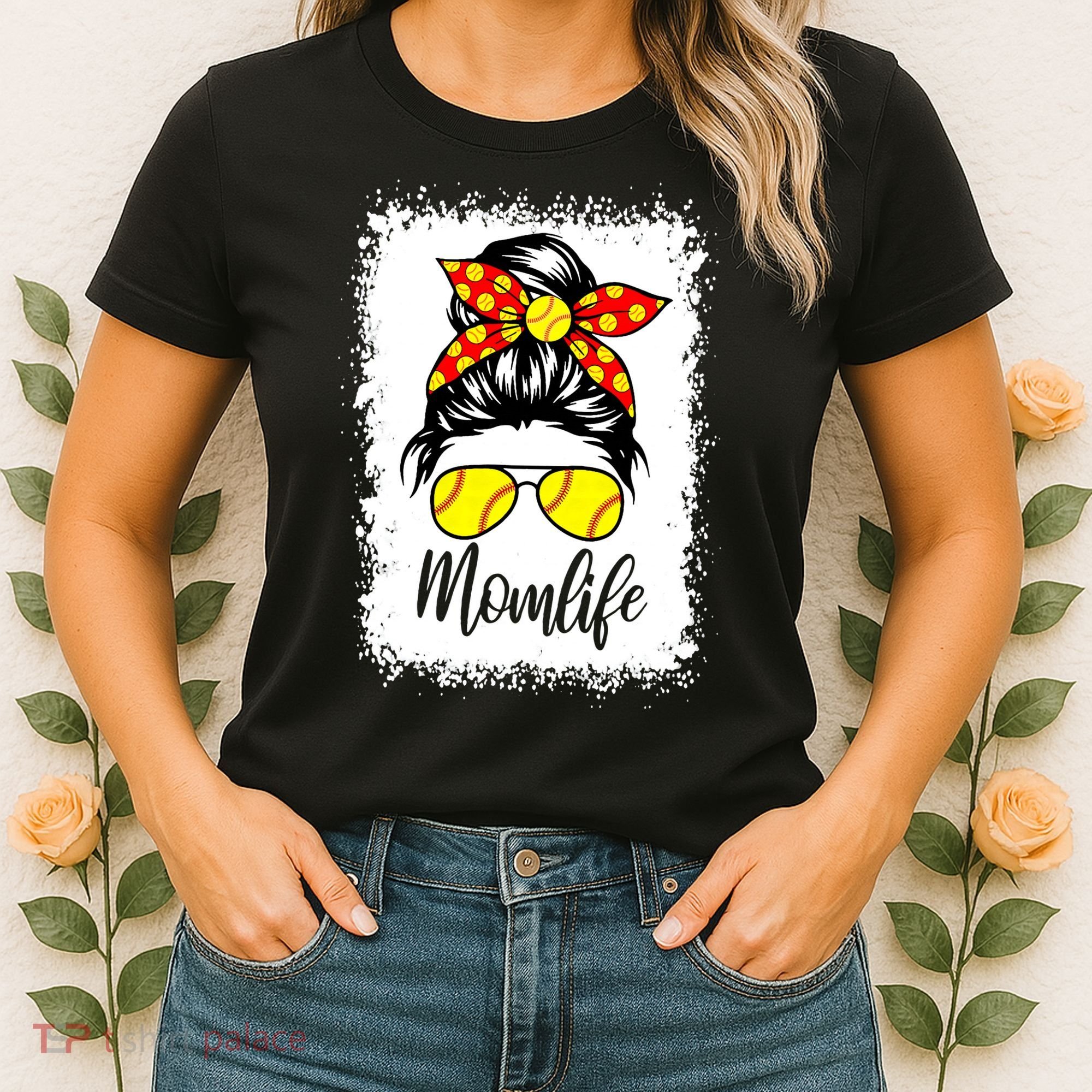 Leopard Messy Bun Ball Mom Baseball Softball Mom Mothers Day Women's T-Shirt
