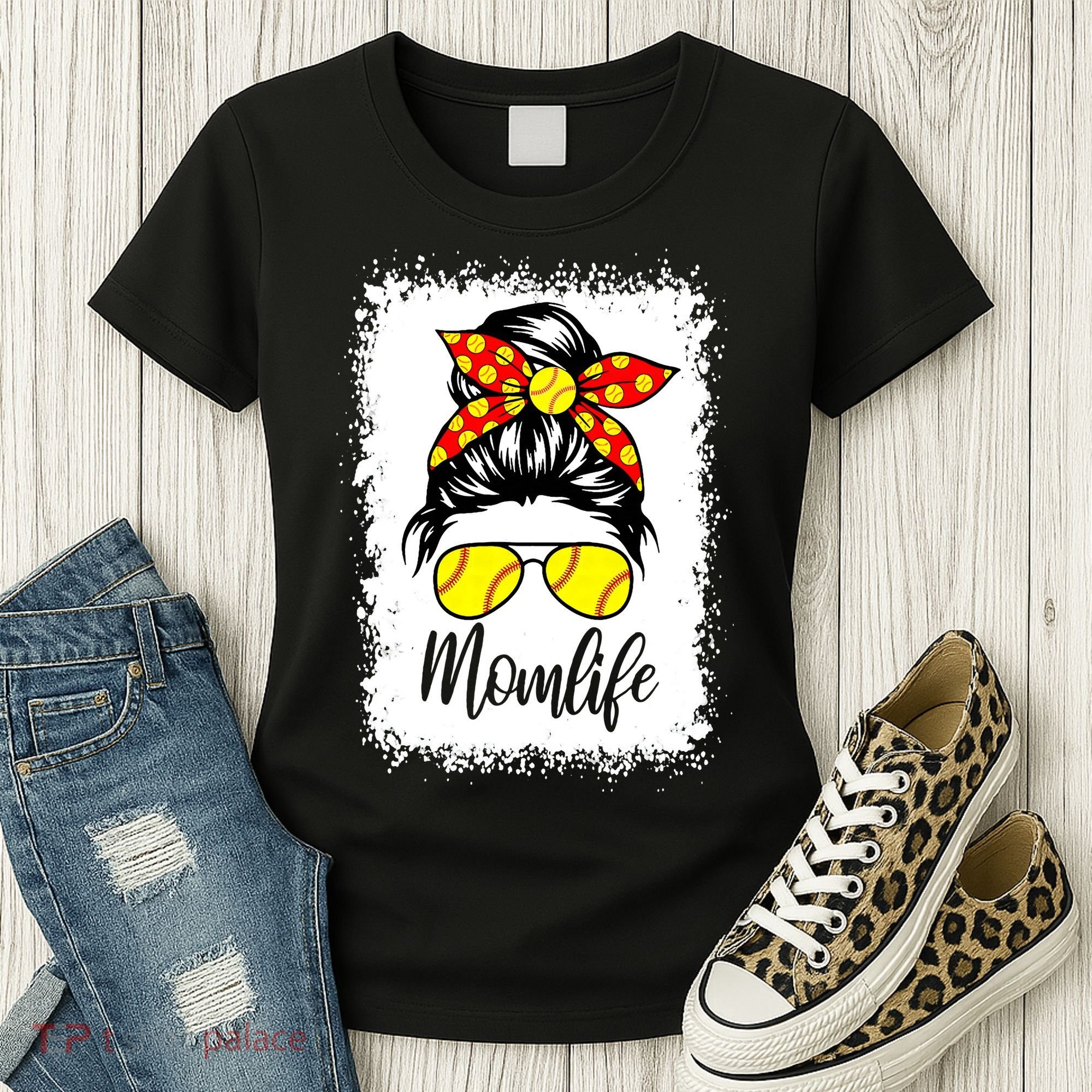 Leopard Messy Bun Ball Mom Baseball Softball Mom Mothers Day Women's T-Shirt