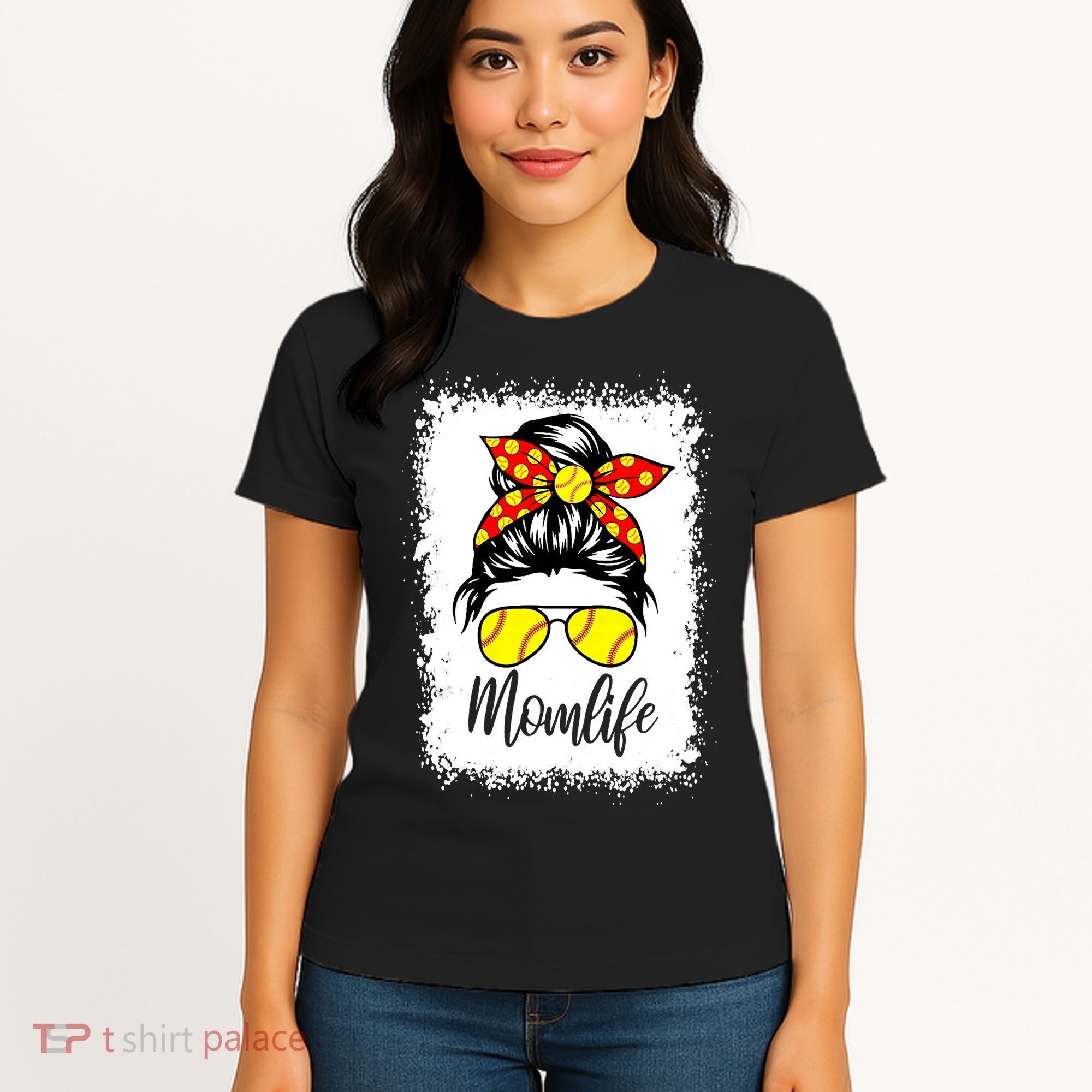 Leopard Messy Bun Ball Mom Baseball Softball Mom Mothers Day Women's T-Shirt