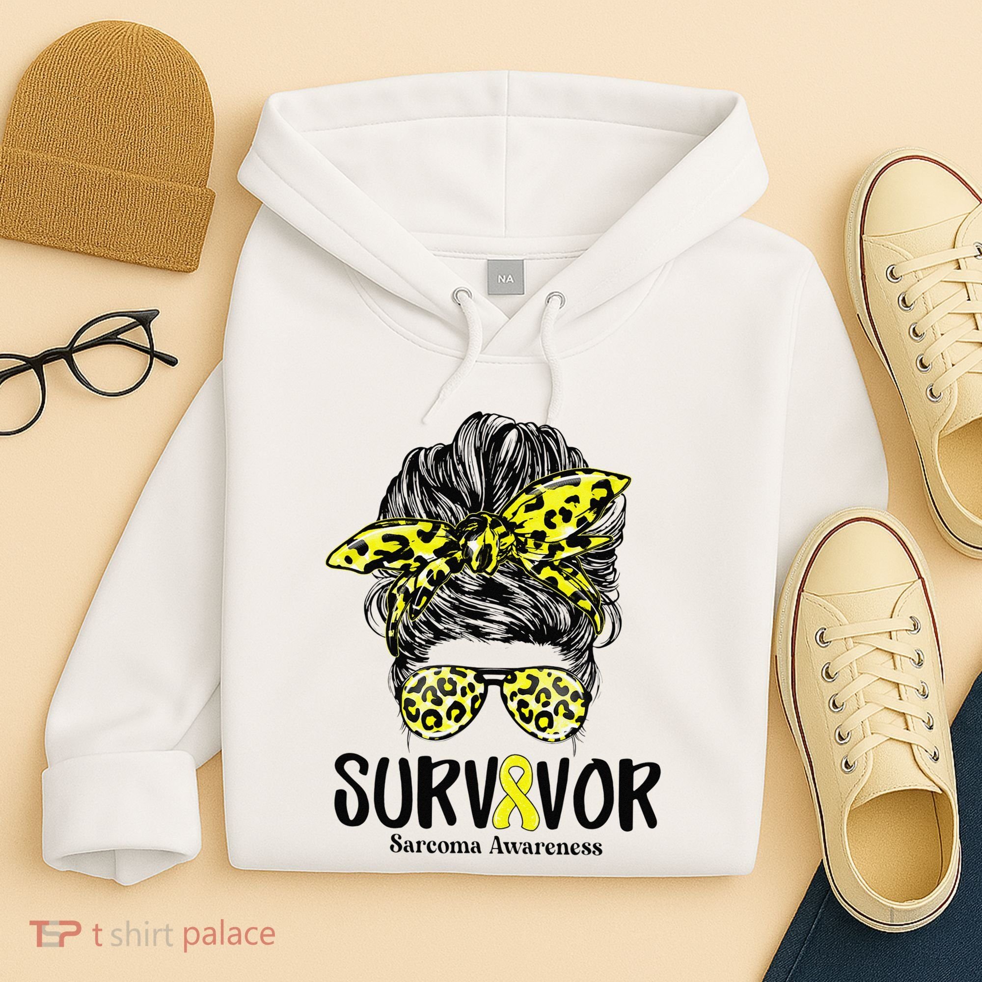 Leopard Messy Bun  Survivor Sarcoma Awareness Hoodie