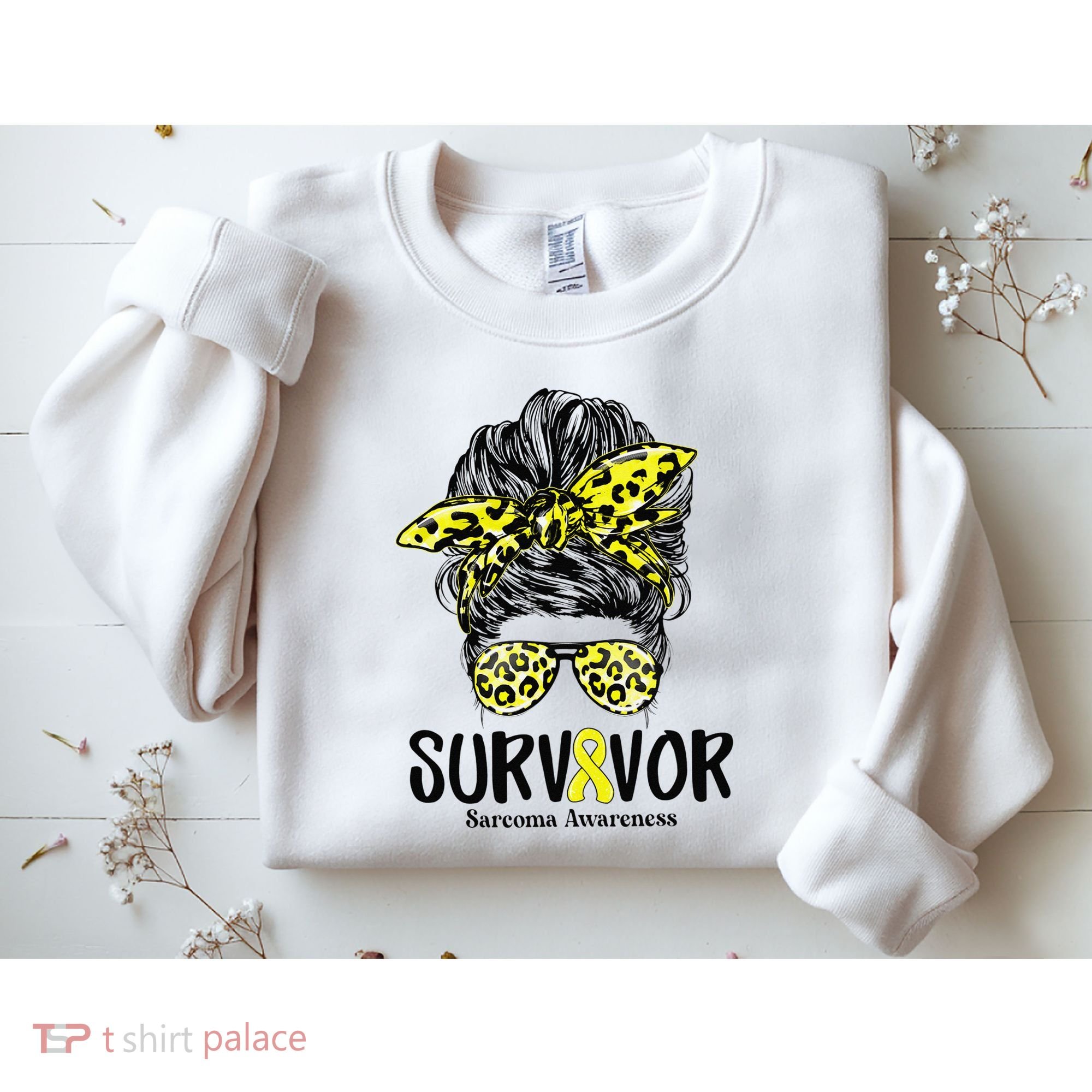 Leopard Messy Bun  Survivor Sarcoma Awareness Sweatshirt
