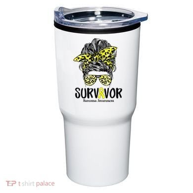 Leopard Messy Bun  Survivor Sarcoma Awareness Tumbler