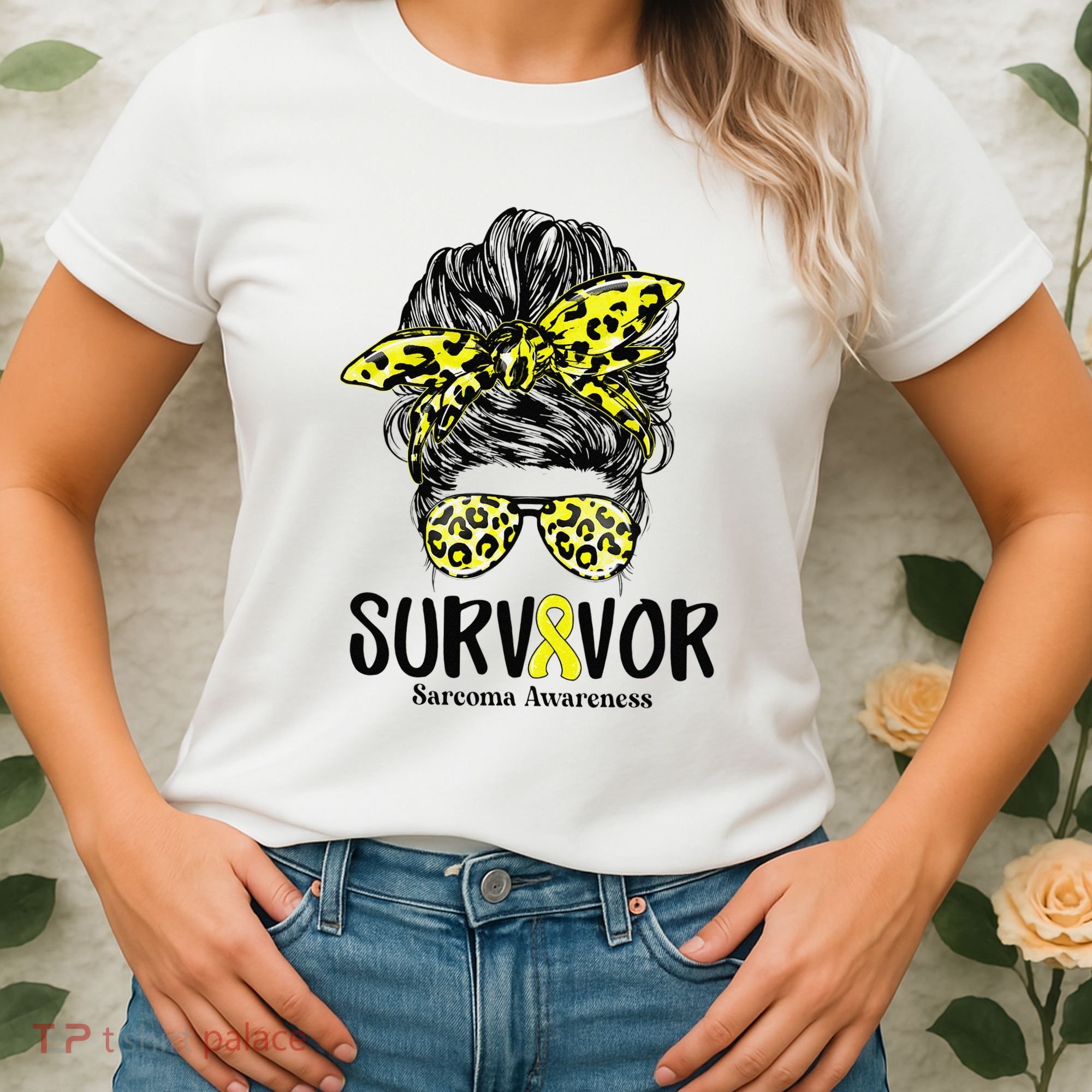 Leopard Messy Bun  Survivor Sarcoma Awareness Women's T-Shirt