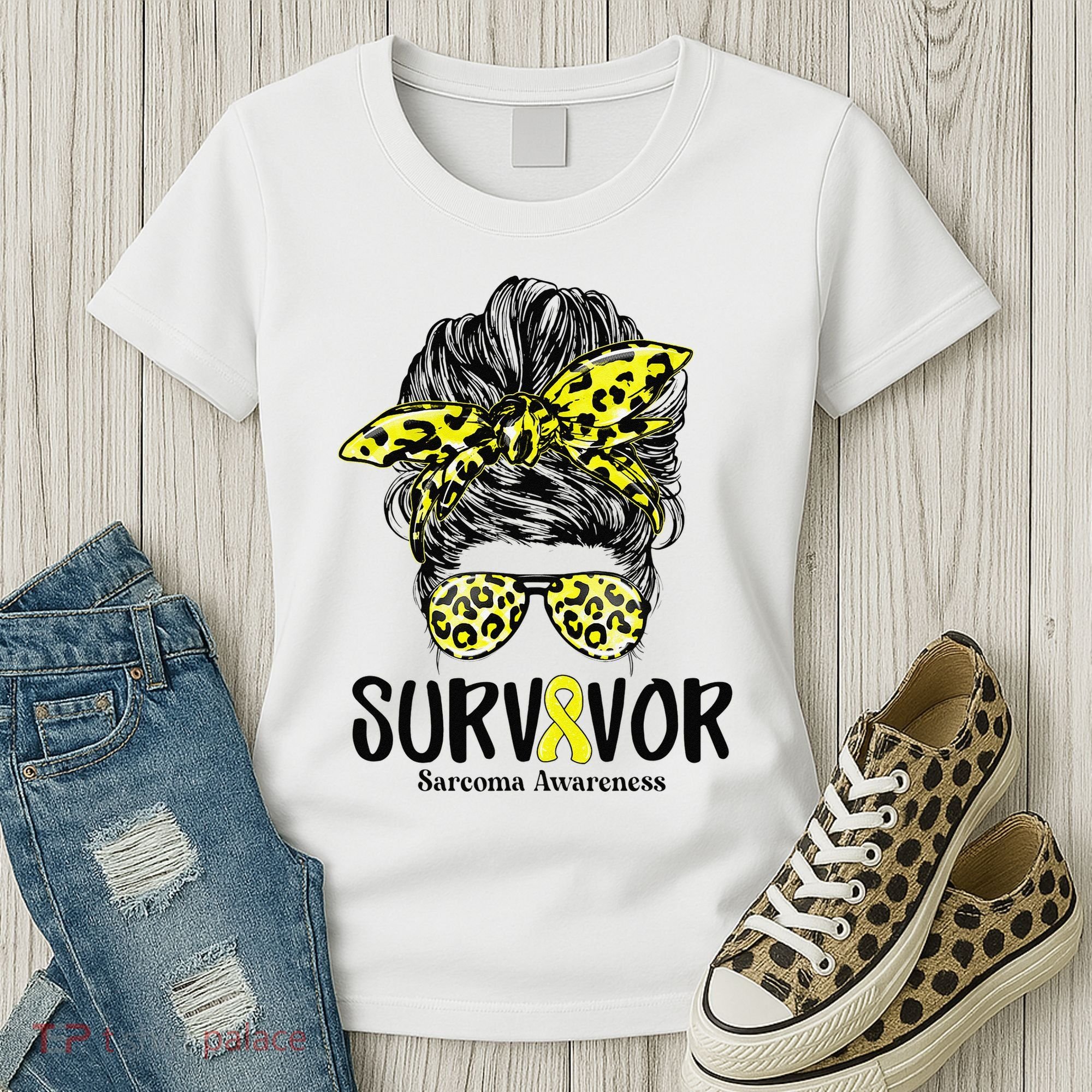 Leopard Messy Bun  Survivor Sarcoma Awareness Women's T-Shirt