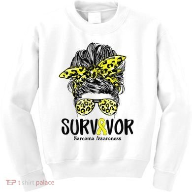 Leopard Messy Bun  Survivor Sarcoma Awareness Kids Sweatshirt