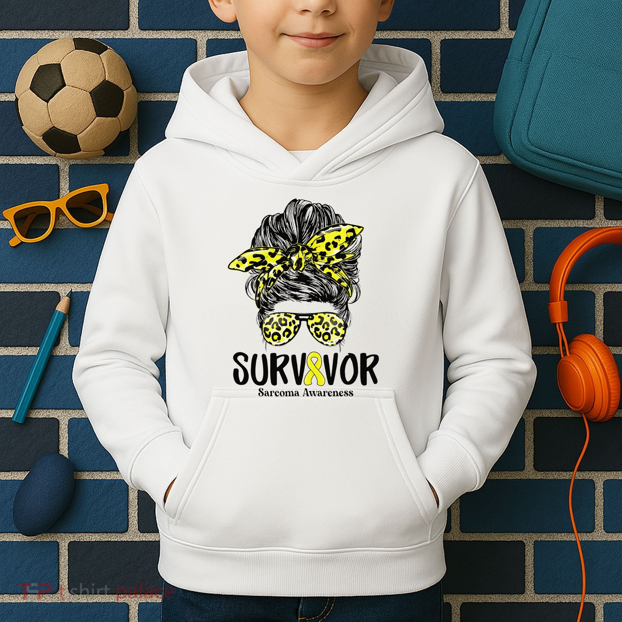 Leopard Messy Bun  Survivor Sarcoma Awareness Kids Hoodie