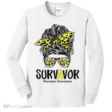 Leopard Messy Bun  Survivor Sarcoma Awareness Kids Long Sleeve Shirt
