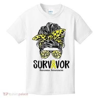 Leopard Messy Bun  Survivor Sarcoma Awareness Kids T-Shirt