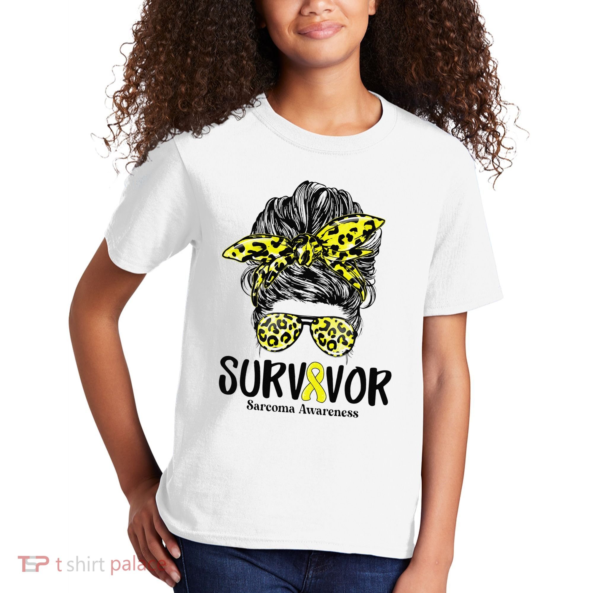 Leopard Messy Bun  Survivor Sarcoma Awareness Kids T-Shirt